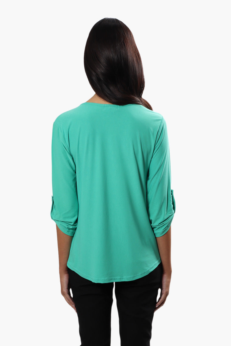 International INC Company Solid Roll Up Sleeve Blouse - Teal - Womens Shirts & Blouses - Fairweather