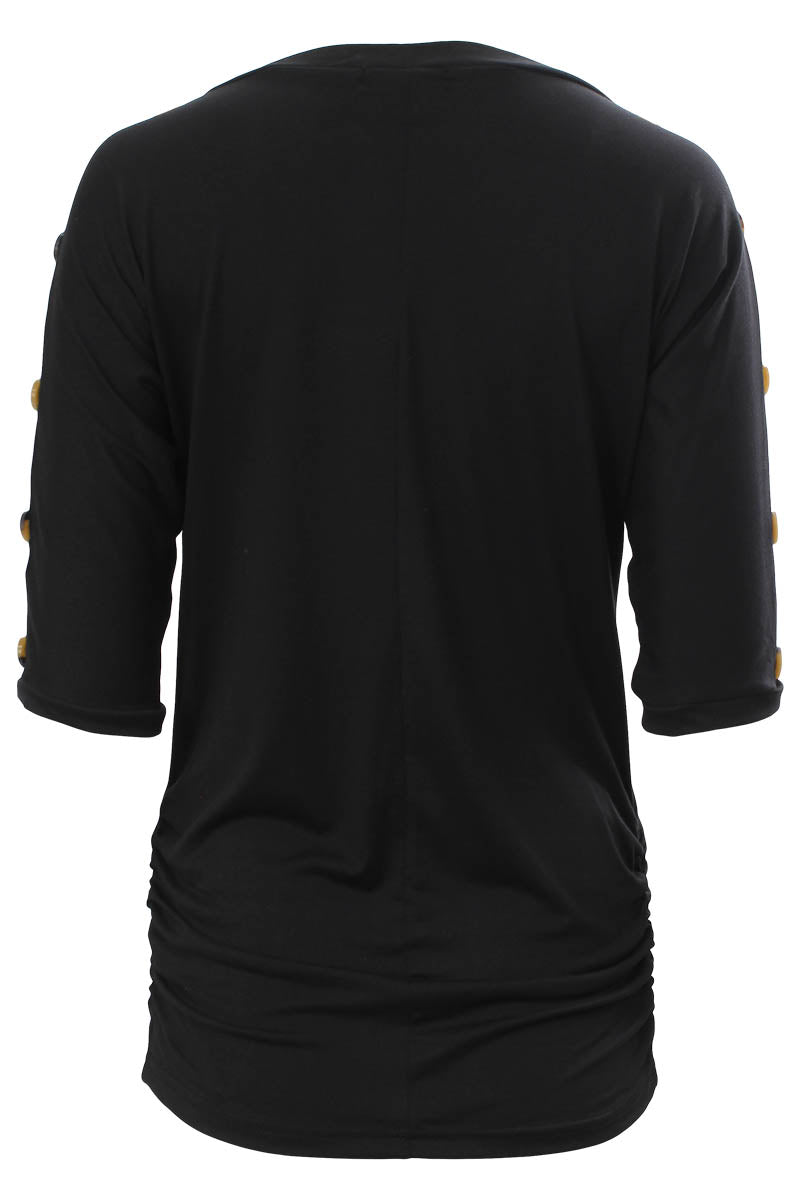 Majora Solid Button Sleeve Blouse - Black - Womens Shirts & Blouses - Fairweather