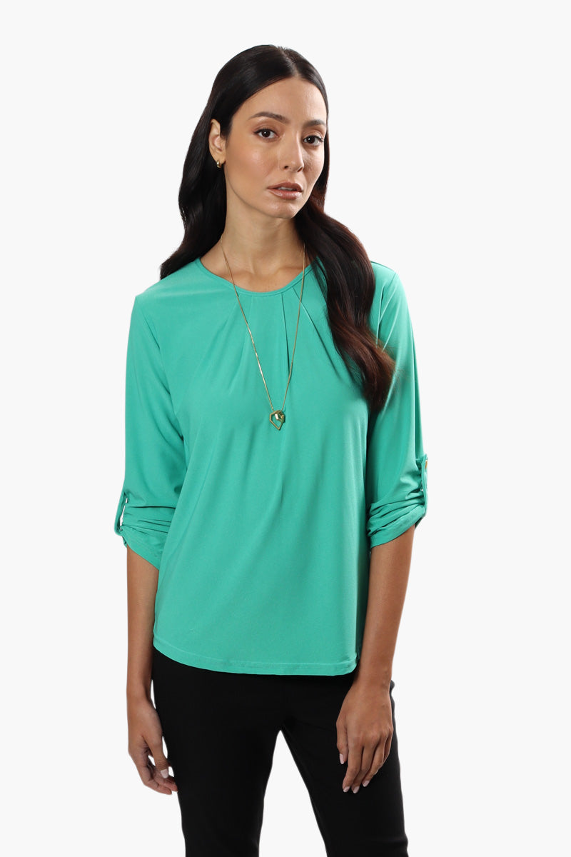 International INC Company Solid Roll Up Sleeve Blouse - Teal - Womens Shirts & Blouses - Fairweather