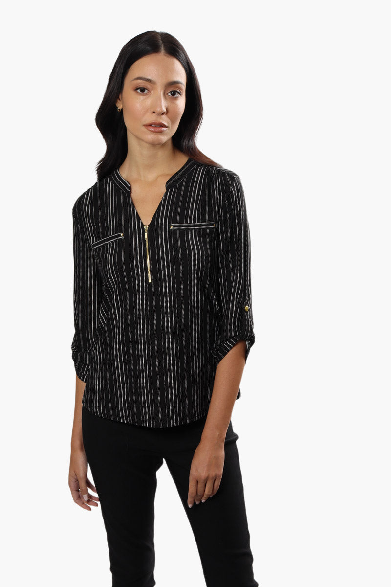 International INC Company Striped Roll Up Sleeve Blouse - Black - Womens Shirts & Blouses - Fairweather