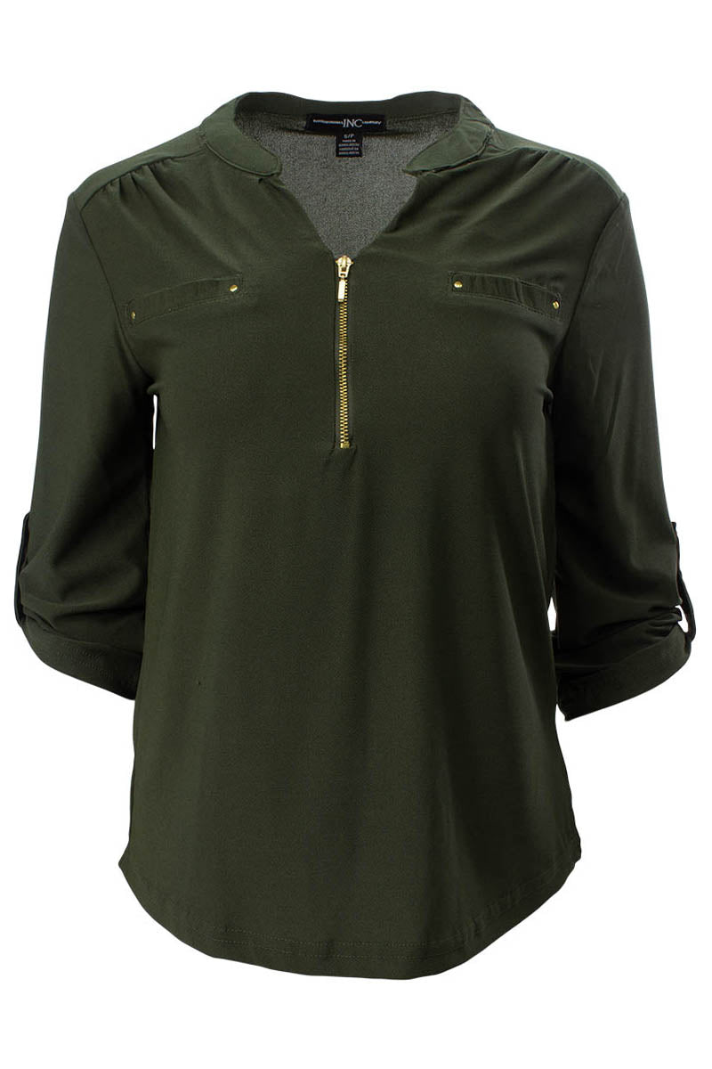 Solid Roll Up Sleeve Front Pocket Shirt - Olive - Womens Shirts & Blouses - Fairweather