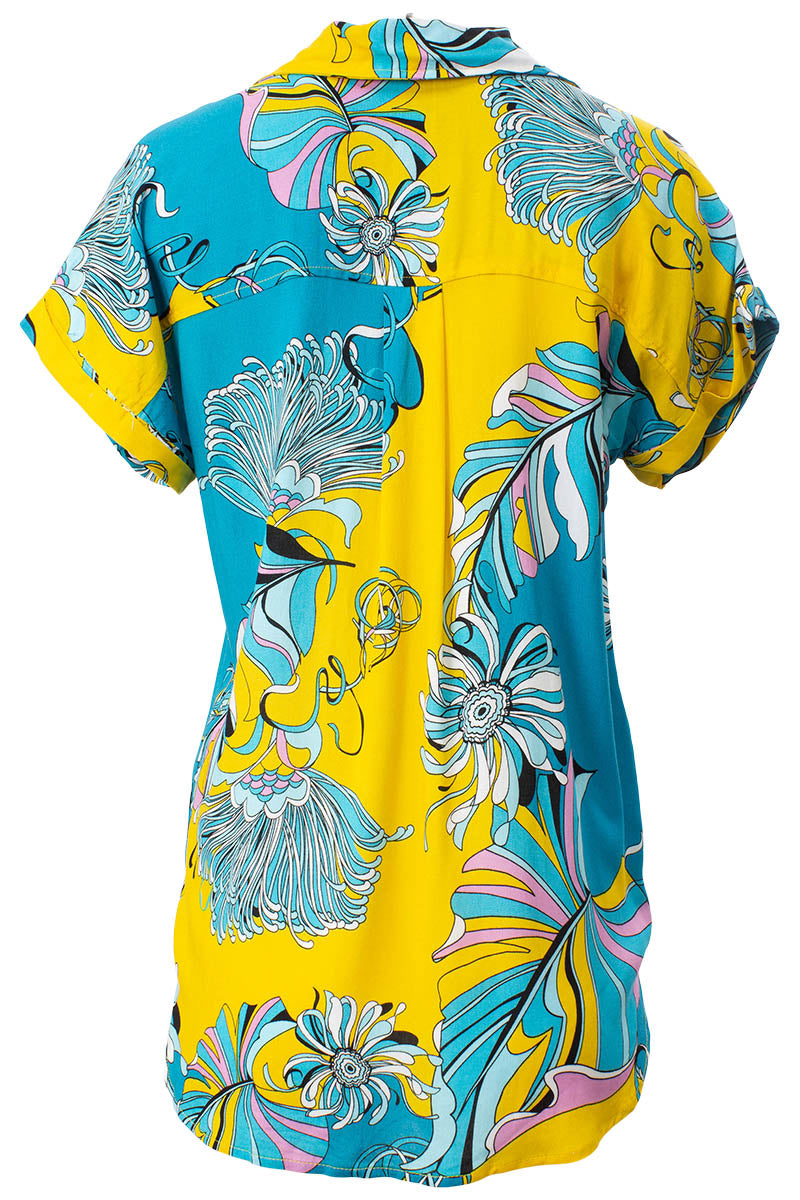 Printed Button Front Foldover Sleeve Shirt - Blue - Womens Shirts & Blouses - Fairweather