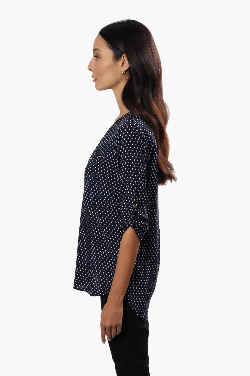 International INC Company Patterned Roll Up Sleeve Blouse - Navy - Womens Shirts & Blouses - Fairweather