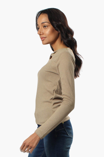 Magazine Ribbed Front Twist Long Sleeve Top - Beige - Womens Long Sleeve Tops - Fairweather