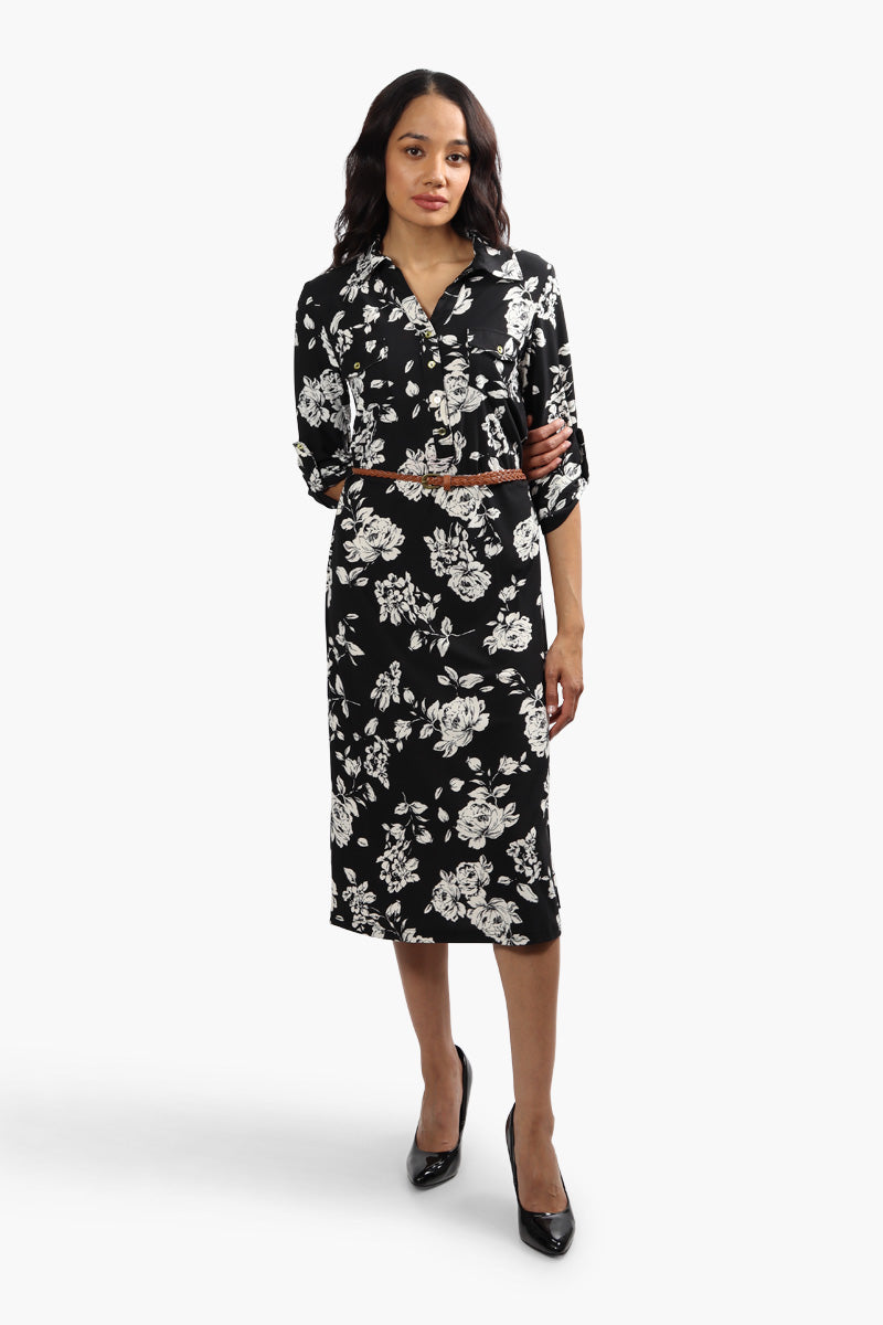 International INC Company Belted Floral Midi Dress - Black - Womens Midi Dresses - Fairweather