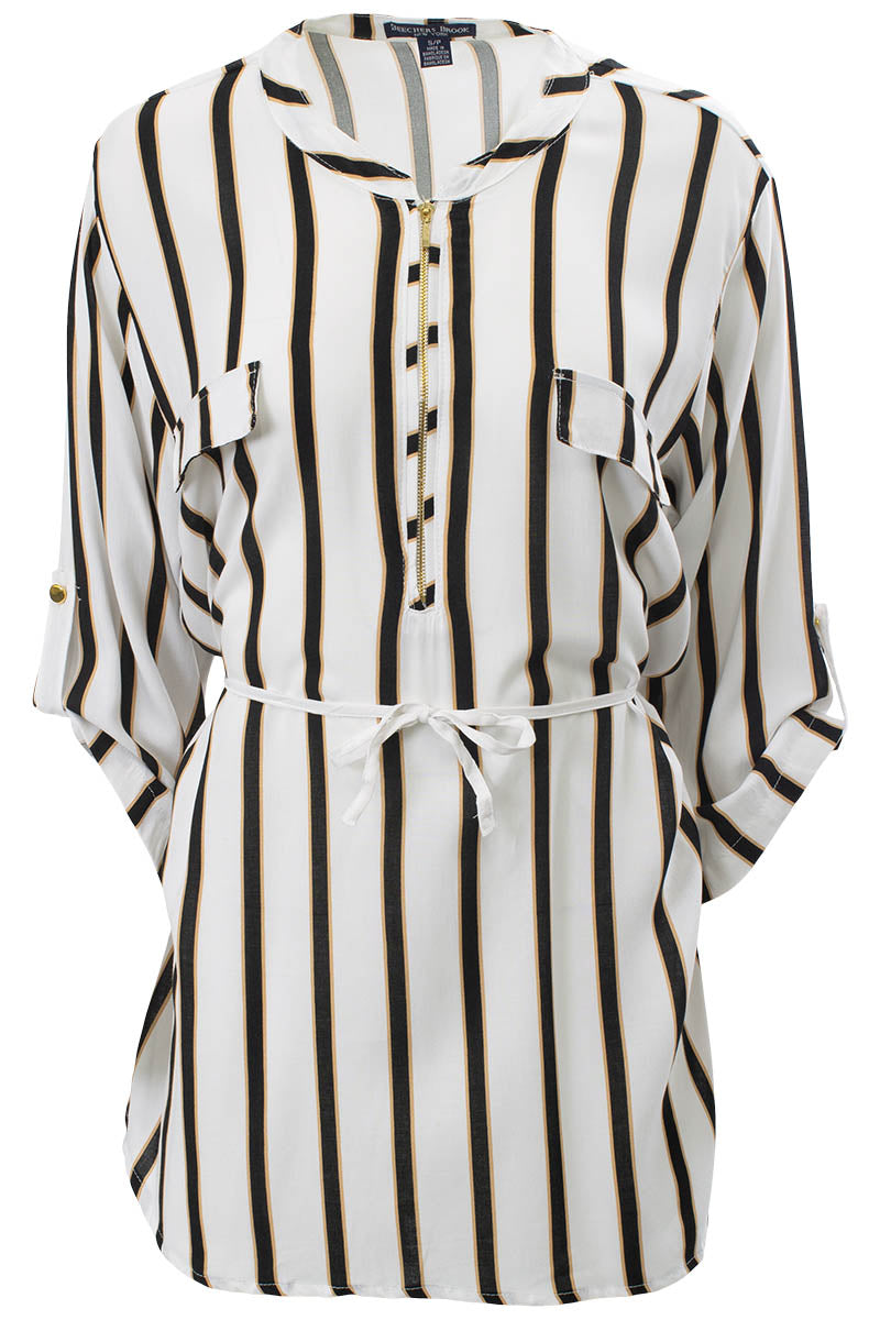 Striped Zip Front Flap Pocket Tunic Shirt - White - Womens Shirts & Blouses - Fairweather