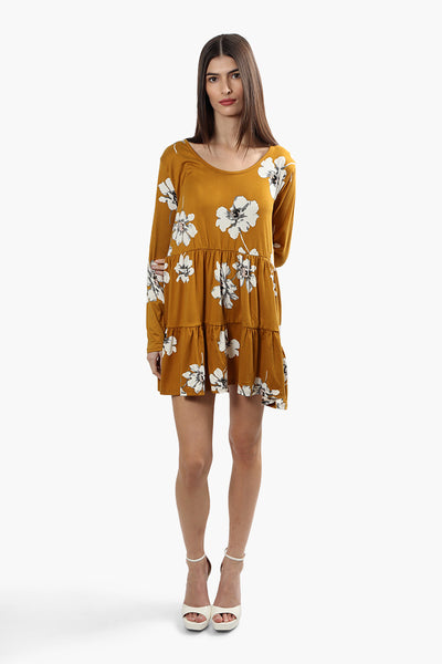 International INC Company Floral Tiered Long Sleeve Day Dress - Mustard - Womens Day Dresses - Fairweather