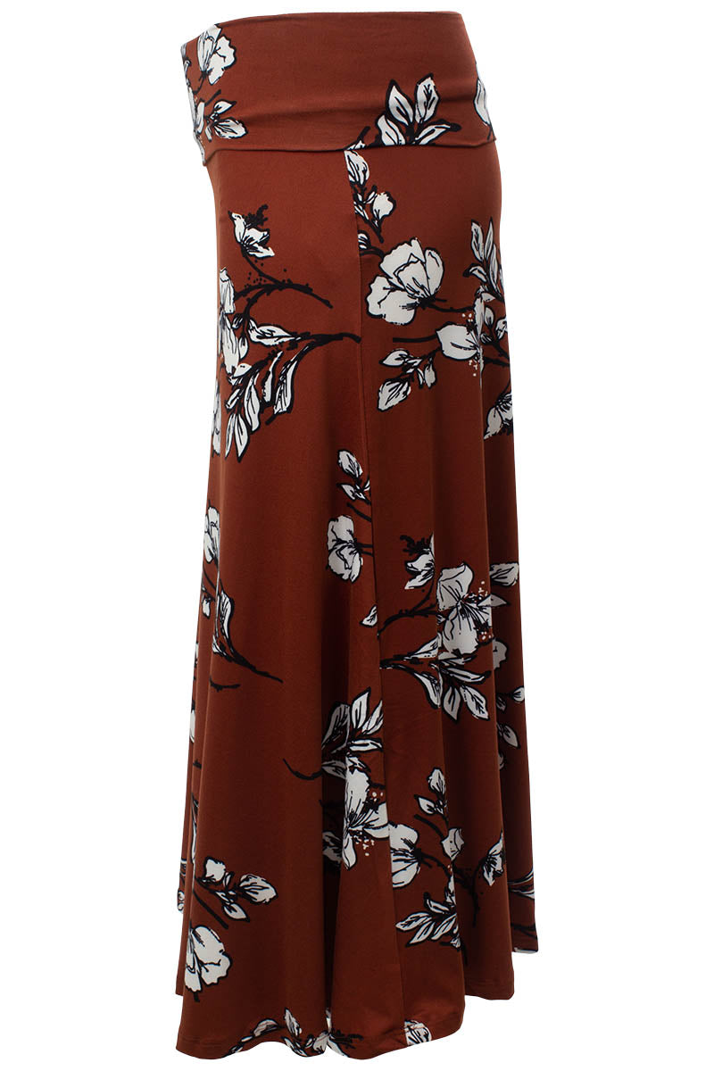 Floral Foldover Waist Midi Skirt - Rust - Womens Skirts - Fairweather