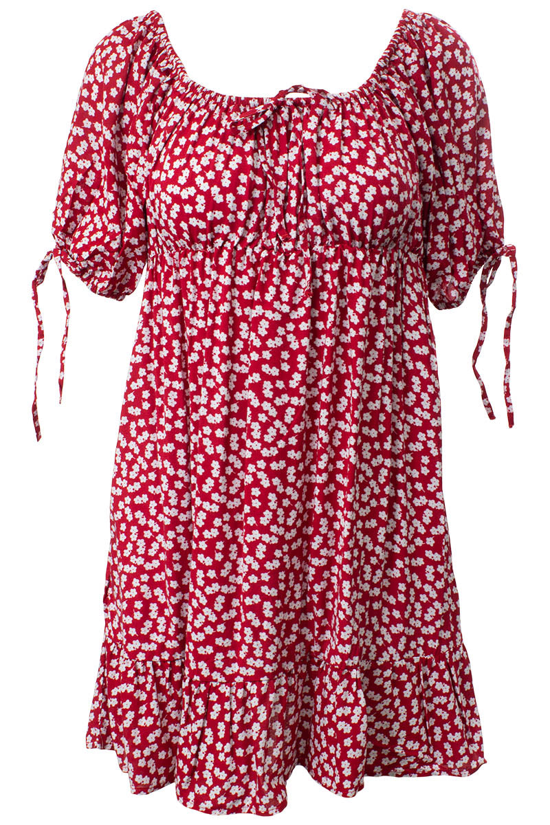 Floral Tie Sleeve Tiered Day Dress - Red - Womens Day Dresses - Fairweather
