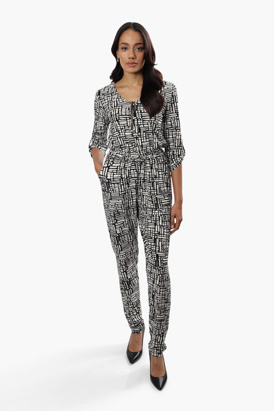 International INC Company Patterned Roll Up Sleeve Jumpsuit - Black - Womens Jumpsuits & Rompers - Fairweather