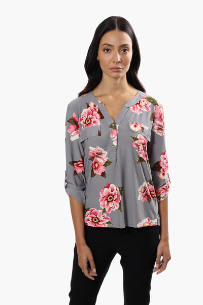 International INC Company Floral Henley Blouse - Grey - Womens Shirts & Blouses - Fairweather