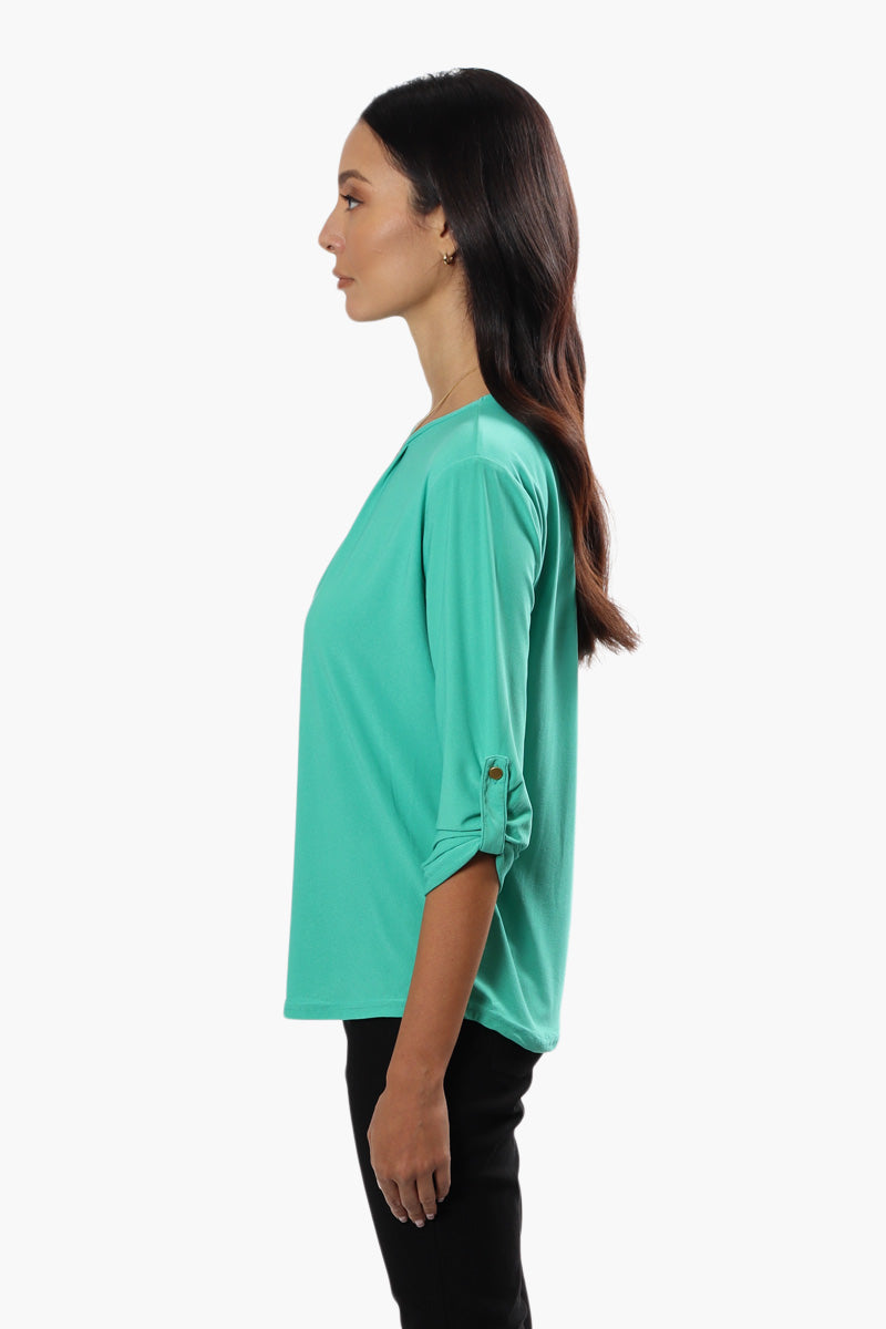 International INC Company Solid Roll Up Sleeve Blouse - Teal - Womens Shirts & Blouses - Fairweather