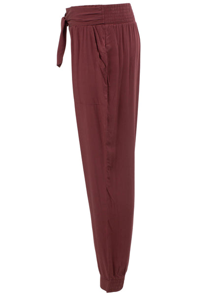 Belted Solid Challis Jogger Pants - Burgundy - Womens Pants - Fairweather