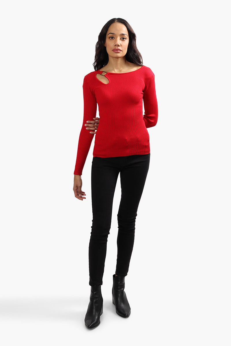 Limite Ribbed Keyhole Shoulder Pullover Sweater - Red - Womens Pullover Sweaters - Fairweather