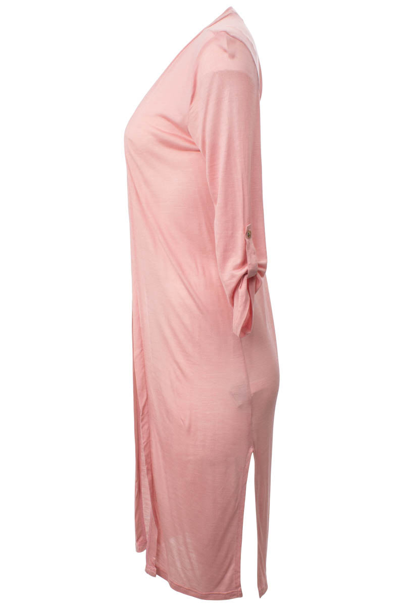 Solid Side Slit Open Cardigan - Pink - Womens Cardigans - Fairweather