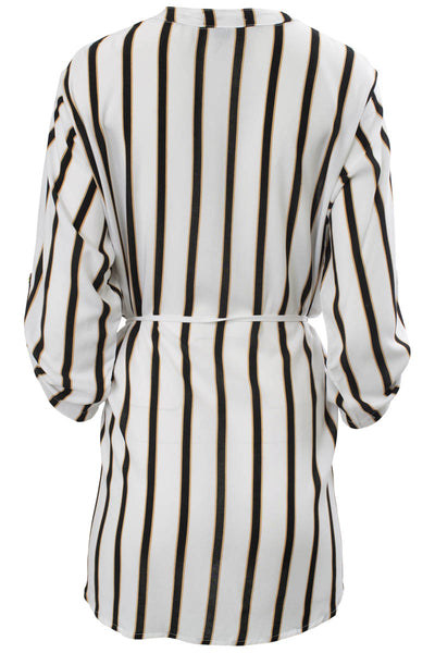 Striped Zip Front Flap Pocket Tunic Shirt - White - Womens Shirts & Blouses - Fairweather