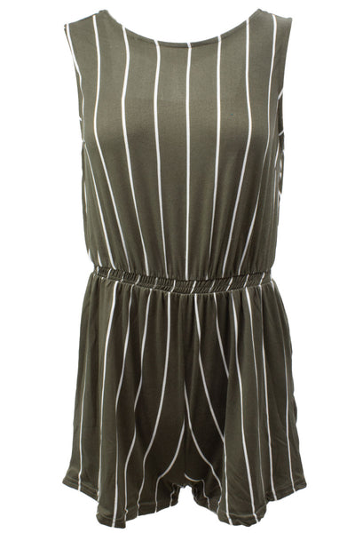 Striped Elastic Waist Sleeveless Romper - Olive - Womens Jumpsuits & Rompers - Fairweather