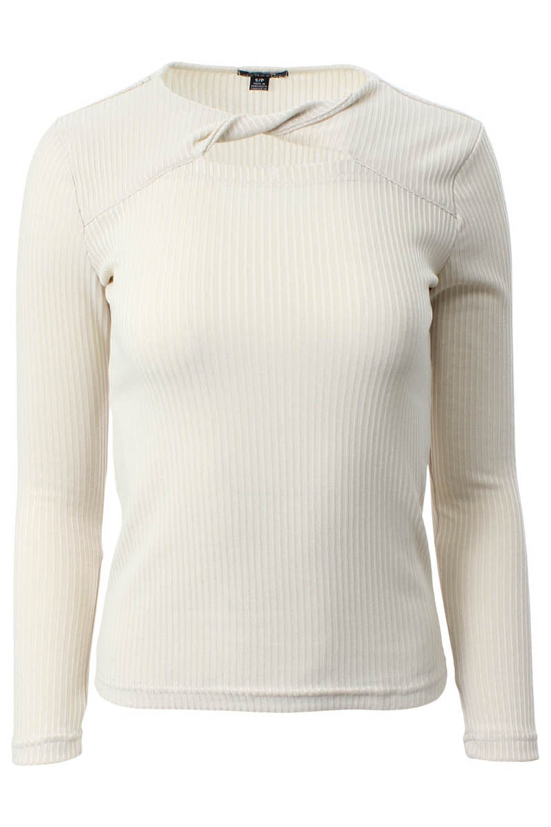 Magazine Ribbed Front Twist Long Sleeve Top - Beige - Womens Long Sleeve Tops - Fairweather