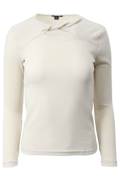 Magazine Ribbed Front Twist Long Sleeve Top - Beige - Womens Long Sleeve Tops - Fairweather