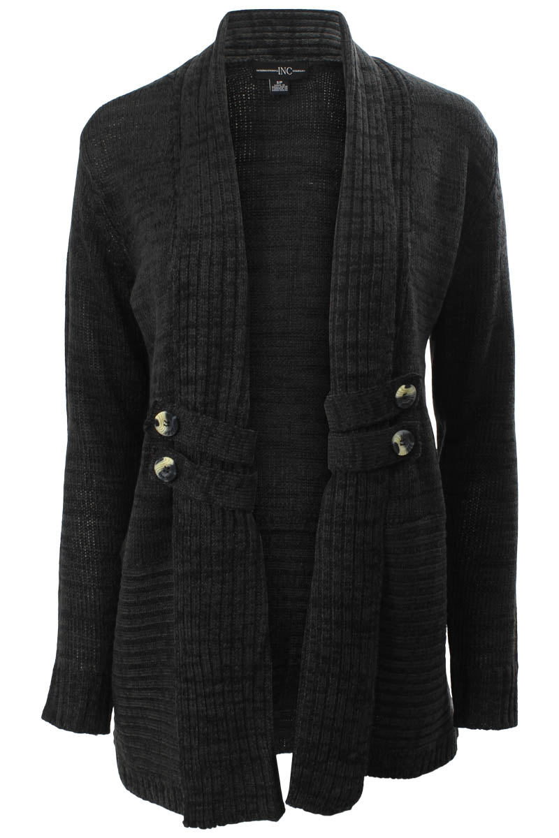 International INC Company Ribbed Lapel Button Trim Cardigan - Black - Womens Cardigans - Fairweather