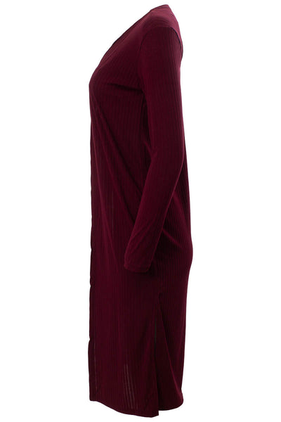 Solid Ribbed Long Sleeve Side Slit Open Cardigan - Burgundy - Womens Cardigans - Fairweather