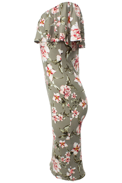 Floral Off Shoulder Flounce Midi Dress - Olive - Womens Midi Dresses - Fairweather