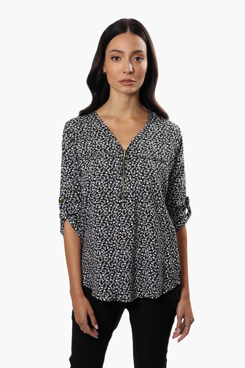 International INC Company Patterned Roll Up Sleeve Blouse - Black - Womens Shirts & Blouses - Fairweather