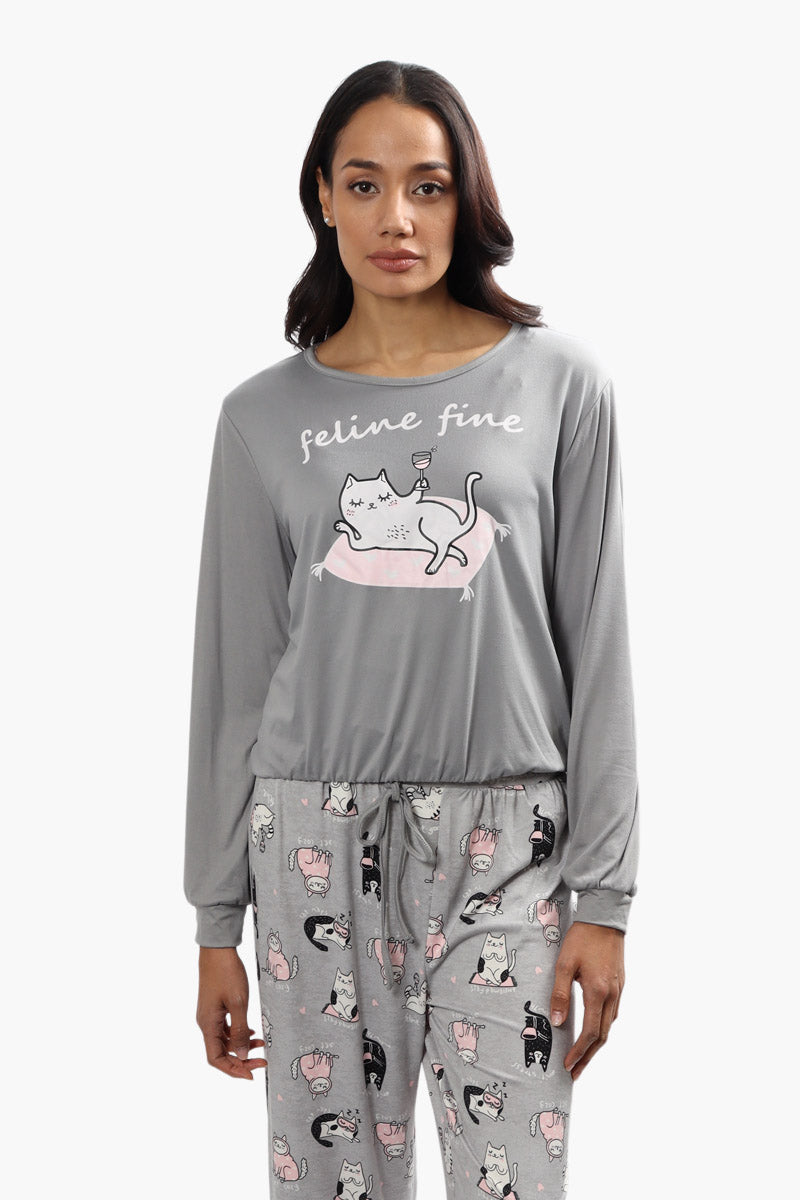 Cuddly Canuckies Feline Fine Print Pajama Top - Grey - Womens Pajamas - Fairweather