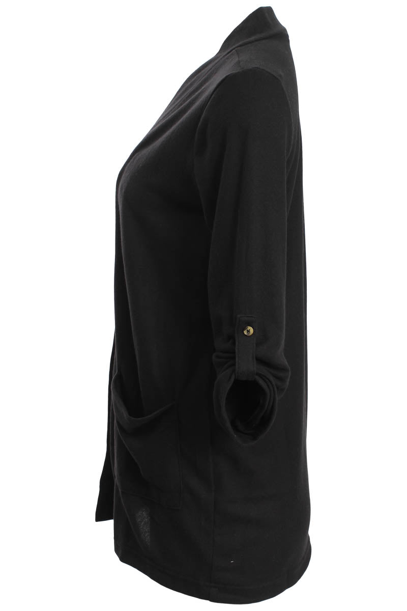 Majora Roll Up Sleeve Open Front Cardigan - Black - Womens Cardigans - Fairweather